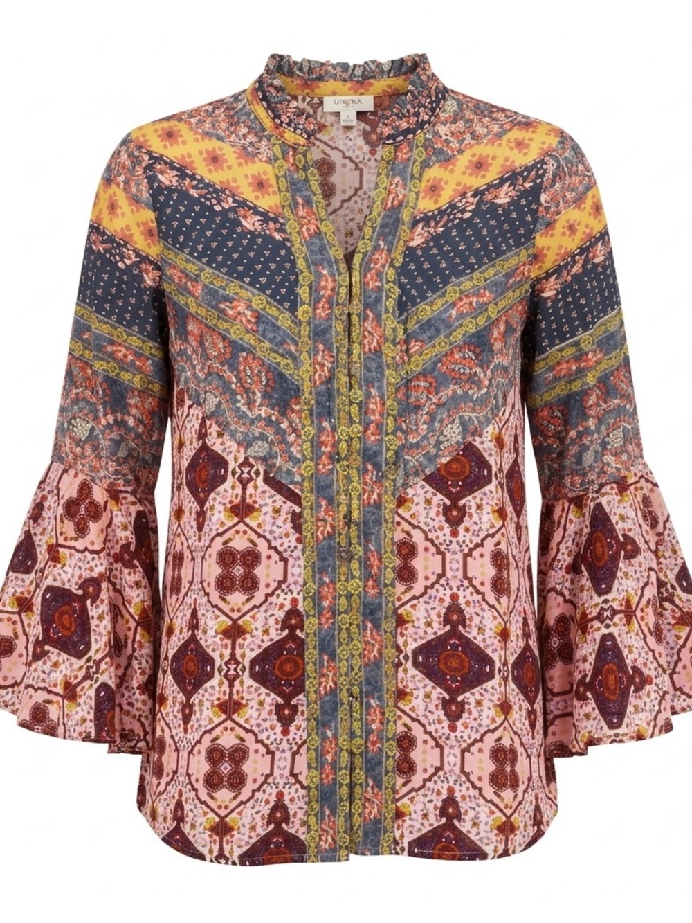 Umgee Pink Multi-Print Bell Sleeve Blouse with Yellow & Blue Accents